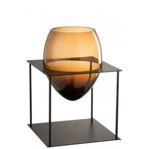 Vase en verre marron et métal noir H30,5cm