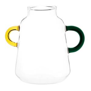 Vase en verre transparent et poignées jaunes et vertes H13