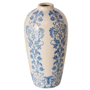 Vase floral en grès blanc et bleu 13x13x27cm