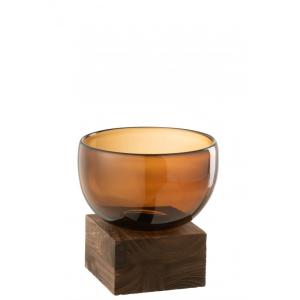 Vase sur pied large bois et verre marron H17,5cm