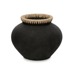 Vase Terre cuite et Raphia Noir et Marron 33x33x27cm