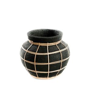 Vase Terre cuite et Rotin Noir et Marron 25x25x19cm