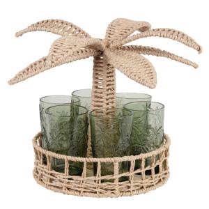 Verres en verre vert (x6) support palmier en papier tressé