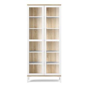 Vitrine 2 portes vitrées H202,8 cm - Effet Blanc et Chêne