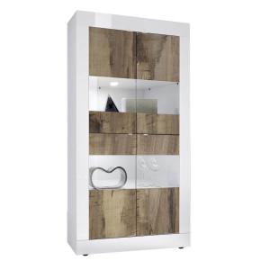 Vitrine  4 portes finition blanc laqué et aspect bois antik…