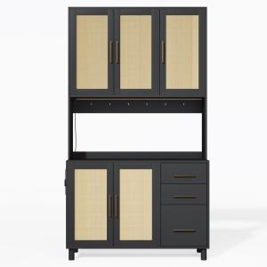 Vitrine haute en effet bois et rotin, éclairage LED, prises…