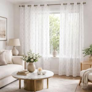 Voilage léger traits brodés polyester gris clair 140x260 cm…