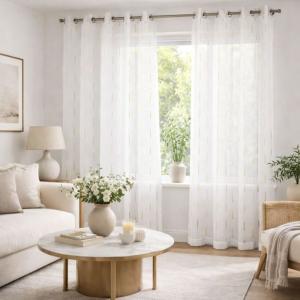 Voilage léger traits brodés polyester jaune 140x260 cm