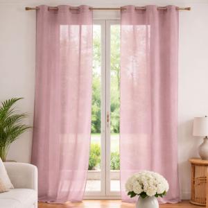 Voilage poly-lin uni  fluide polyester vieux rose 140x240 cm