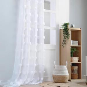 Voilage pompons brodés polyester blanc 140x260 cm